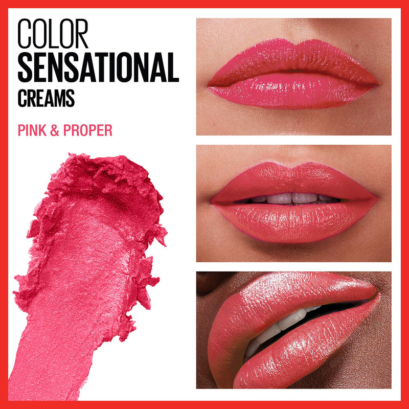 Maybelline Color Sensational Lipstick, Lip Makeup, Cream Finish, Hydrating Lipstick, Nude, Pink, Red, Plum Lip Color, Pink and Proper, 0.15 oz; (Packaging May Vary) Maybelline New York