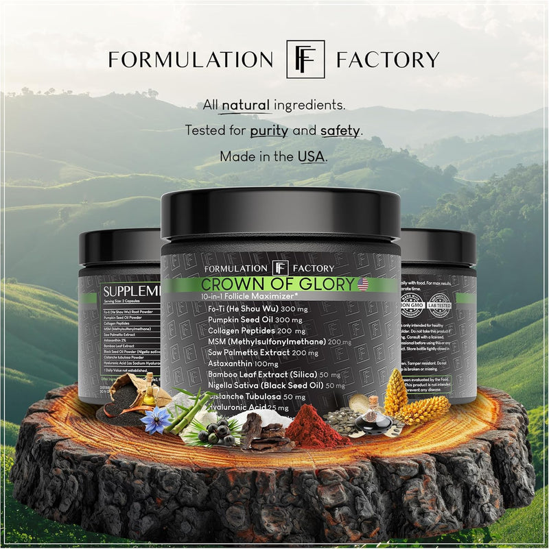 Formulation Factory Crown of Glory 10-in-1 Hair Growth Maximizer, DHT Blocker with Saw Palmetto, Fo-Ti, Collagen, Supports Thicker Hair & Scalp Health (2 Month Supply, 120 Capsules) Infinity Warehouse