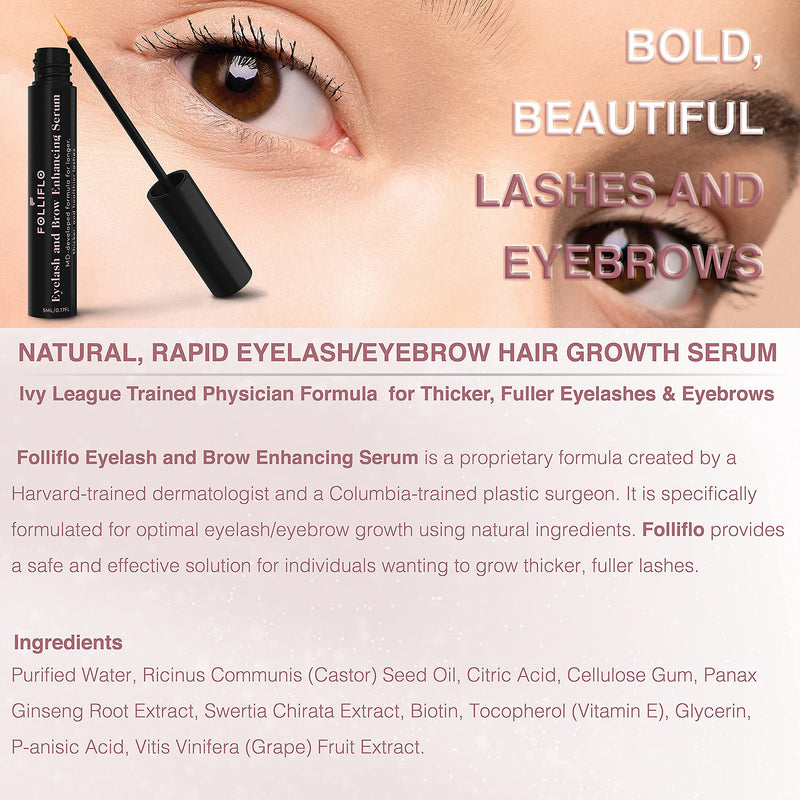 Folliflo by CELL ACCEL Eyelash & Brow Enhancing Serum with Castor Oil & Panax Ginseng - Hair Growth Formula for Longer, Thicker & Healthier Lashes - Developed by a Harvard-Trained Dermatologist Folliflo