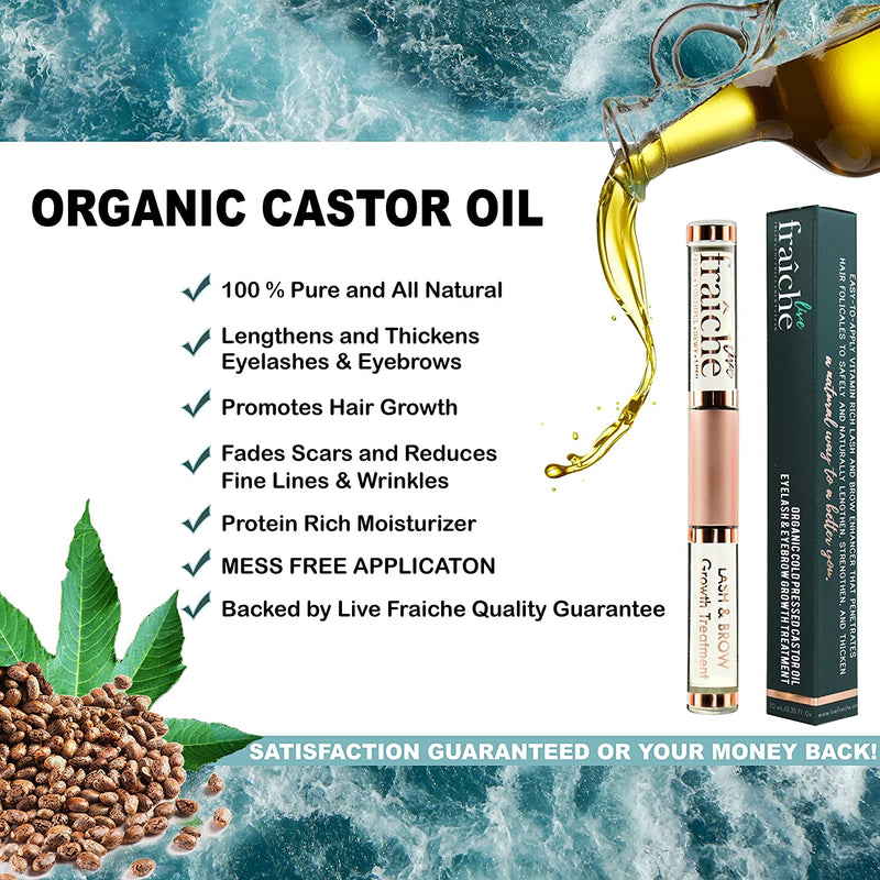 Castor Oil (2oz) + Filled Mascara Tube USDA Certified Organic, 100% Pure, Cold Pressed, Hexane Free by Live Fraiche. Stimulate Growth for Eyelashes, Eyebrows, Hair. Lash Growth Serum. Brow Treatment Live Fraiche