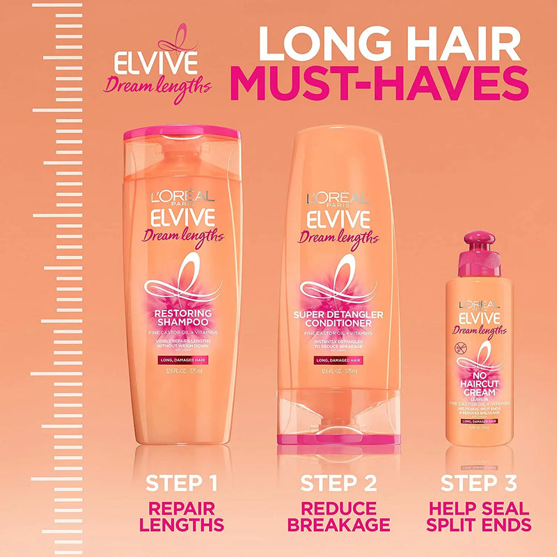 L’Oreal Paris Elvive Dream Lengths No Haircut Cream Leave in Conditioner With Fine Castor Oil and Vitamins B3 and B5 for Long, Damaged Hair, Helps Seal Split Ends and Reduces Breakage With System 6.8 FL; Oz L'Oreal Paris