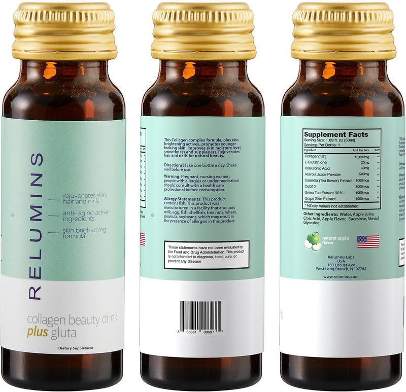 Relumins Advance Rejuvenating Collagen Beauty Drink with Glutathione, Hyaluronic, CoQ10, EGCG, Resveratrol & More - Fight Signs of Aging with All-Natural Ingredients - Apple Flavor- Ten 50mL Drinks Infinity Warehouse
