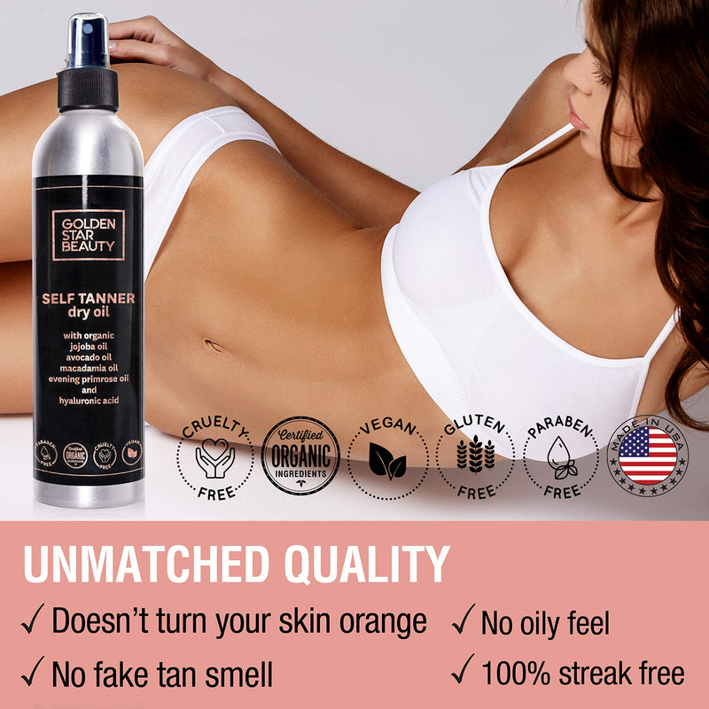 Self Tanner Oil - Natural Sunless Tanning Spray w/ Hyaluronic Acid and Organic Oils, Clear Gradual Fake Tan Sprayer for Perfect Golden Glow 8.0 fl.oz GOLDEN STAR BEAUTY