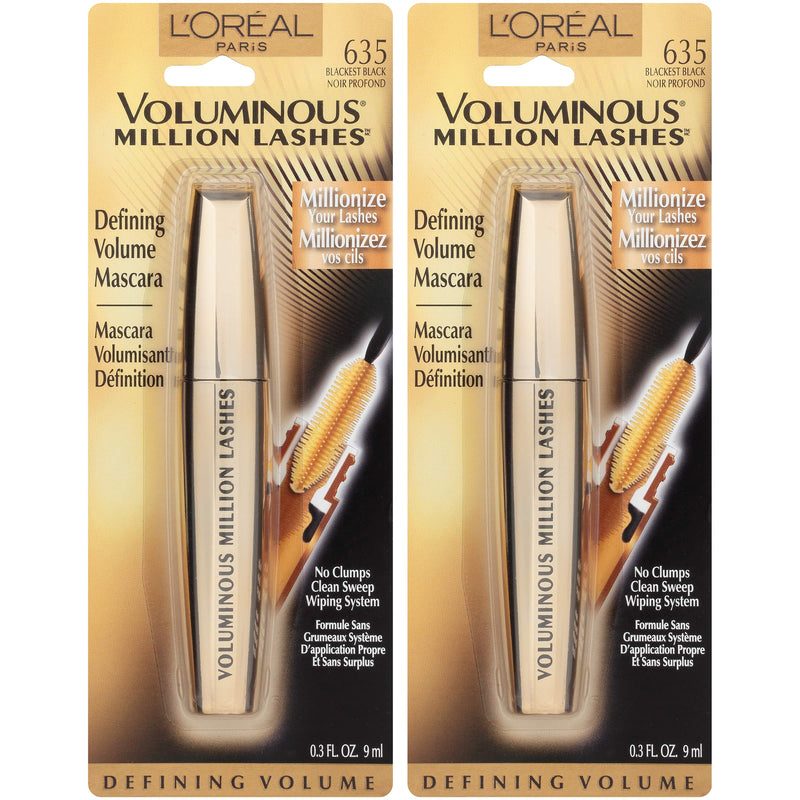 L’Oreal Paris Makeup Voluminous Million Lashes Mascara, Volumizing, Defining, Smudge-Proof, Clump-Free Lengthening, Collagen Infused Eye Makeup, Amplifying Mascara Brush, Blackest Black, 2 Count L'Oreal Paris