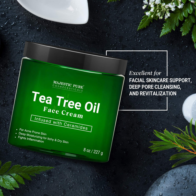 Tea Tree Oil Face Cream by Majestic Pure - Therapeutic Grade, Acne Scar Remover and Pimple Cream, Infused with Ceramides, Fights Acne and Soothes Acne Scars, Face Moisturizer, 8 oz MAJESTIC PURE