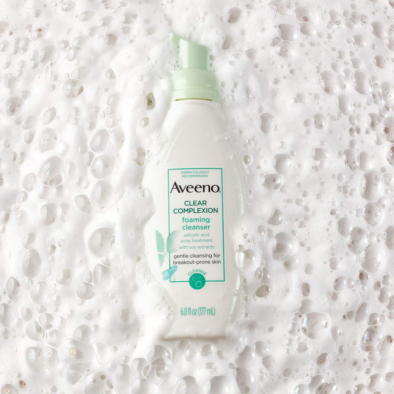 Aveeno Clear Complexion Foaming Oil-Free Facial Cleanser with Salicylic Acid Acne Medication for Breakout-Prone Skin & Soy Extracts, Hypoallergenic & Non-Comedogenic, 6 Fl Oz, Pack of 3 Aveeno