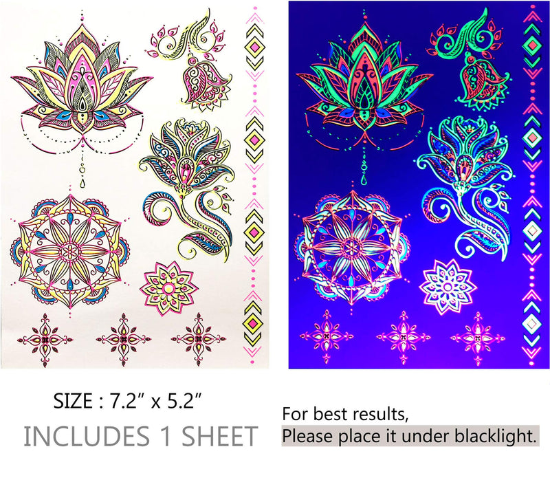 Temporary Tattoos – 1 Sheet Lotus Flower Design Body Paint Art Blacklight Reactive Light Festival Accessories Glow in the Dark Party Supplies | 7.2” x 5.2” Temp Great for EDM EDC Party Rave Parties d'IRIS studio