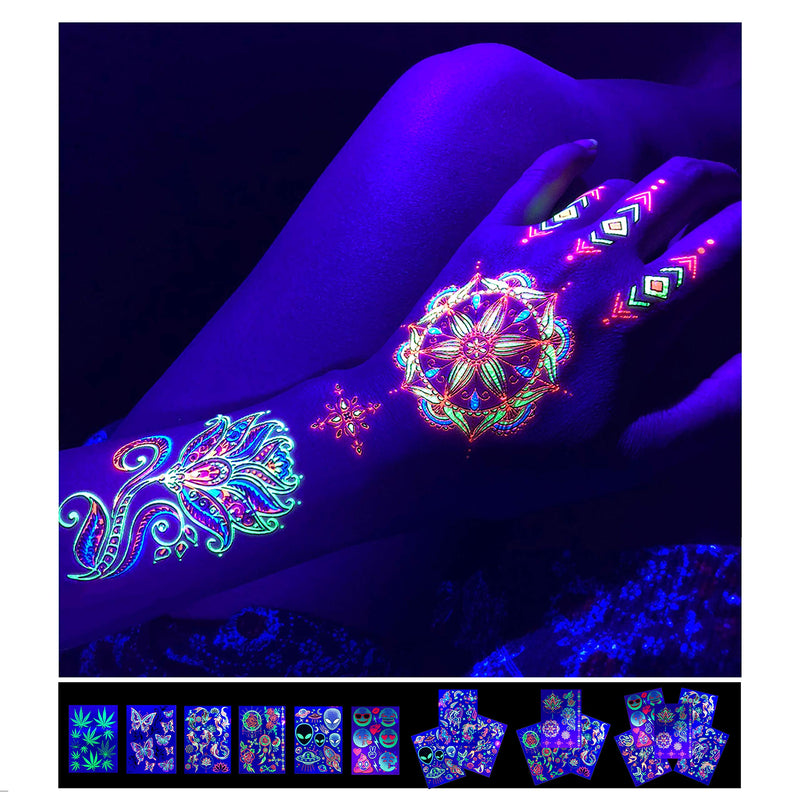 Temporary Tattoos – 1 Sheet Lotus Flower Design Body Paint Art Blacklight Reactive Light Festival Accessories Glow in the Dark Party Supplies | 7.2” x 5.2” Temp Great for EDM EDC Party Rave Parties d'IRIS studio