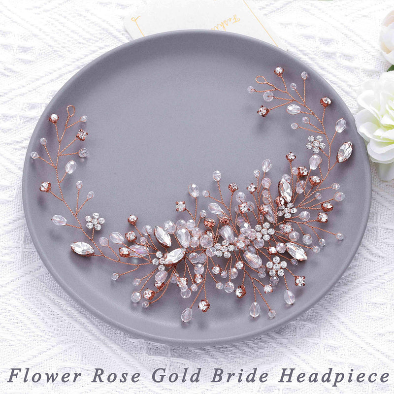 Aukmla Flower Bride Wedding Hair Vine Crystal Bridal Hair Piece Rhinestone Hair Breath Accessories for Women and Girls(9.84 Inches) (Rose Gold) Aukmla