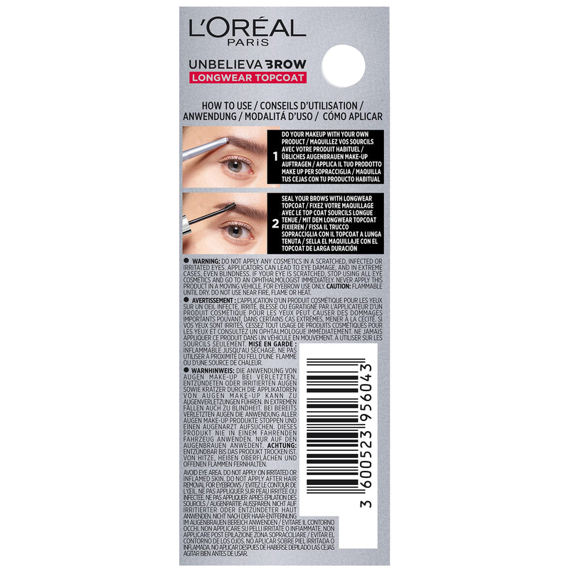 L'Oreal Paris Unbelieva-Brow Longwear Eyebrow Topcoat, Waterproof, Smudge-resistant, Transfer- Proof, Quick Drying, Easy and quick application with precise brush, Universal Transparent, 0.15 fl. oz. L'Oreal Paris