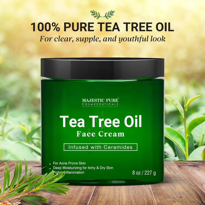 Tea Tree Oil Face Cream by Majestic Pure - Therapeutic Grade, Acne Scar Remover and Pimple Cream, Infused with Ceramides, Fights Acne and Soothes Acne Scars, Face Moisturizer, 8 oz MAJESTIC PURE