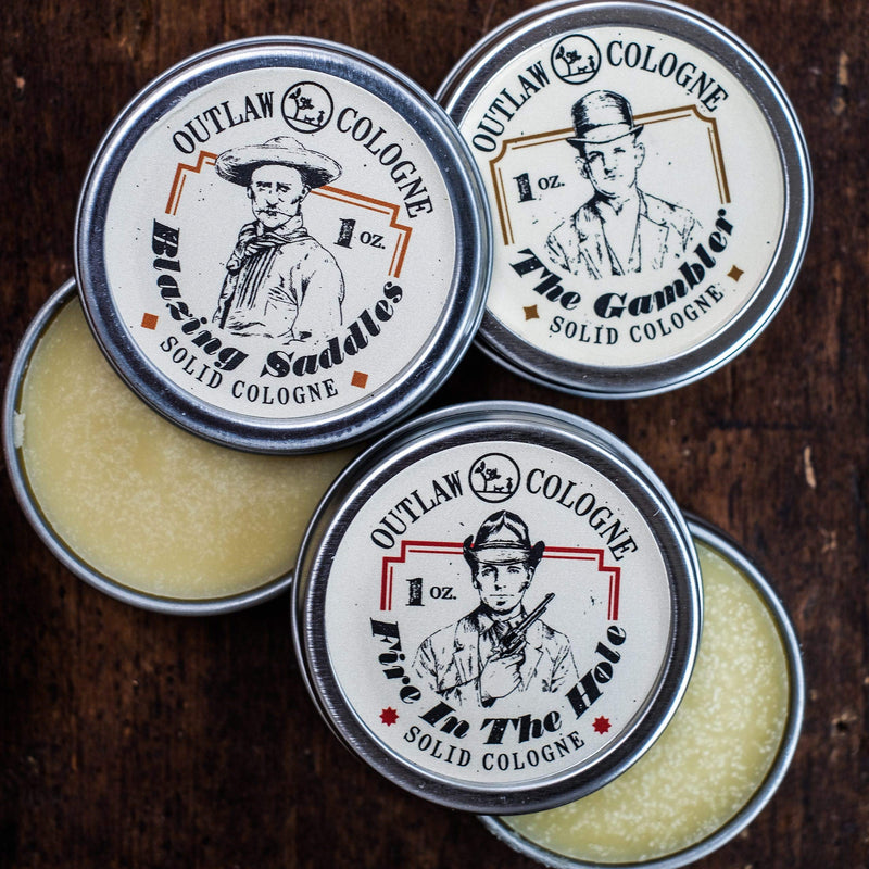 Western Solid Cologne for Men and Women - Smells like leather & gunpowder - Blazing Saddles by Outlaw - 1 oz hard cologne, Made in the USA Outlaw Soaps