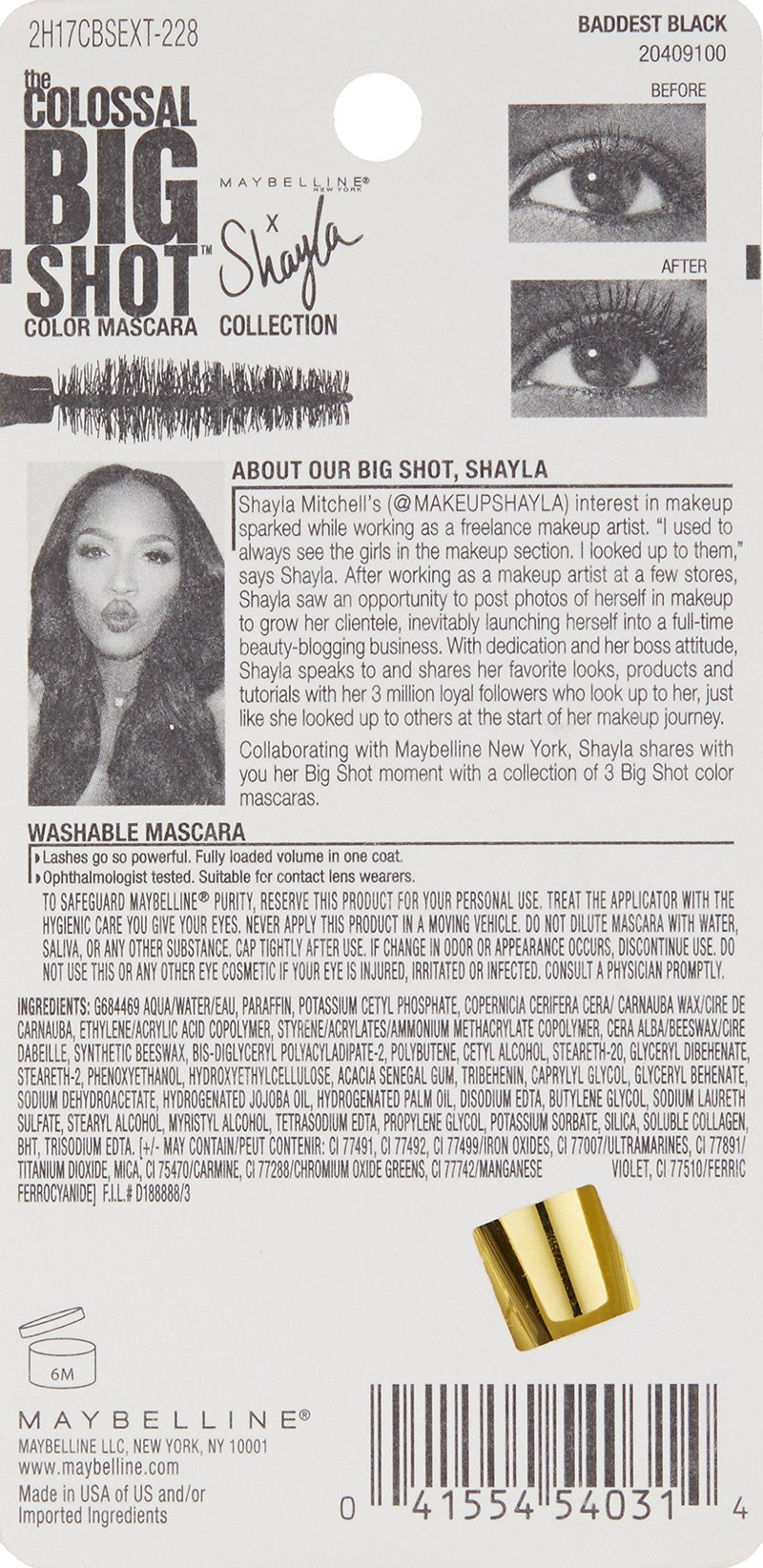 Maybelline New York Volum' Express The Colossal Big Shot Mascara X Shayla, Baddest Black, 0.33 Fluid Ounce Maybelline New York