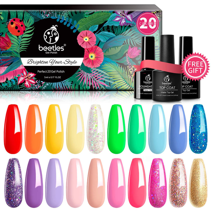 Beetles 20 Colors Rainbow Summer Gel Nail Polish Kit, Soak Off LED Lamp Glitter Nude Gel Polish Starter Kit with Glossy & Matte Top Gel Base Coat Kaleidoscope Halloween Nails Manicure Gifts for Women beetles Gel Polish