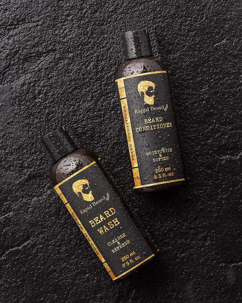 Beard Shampoo and Beard Conditioner Wash & Growth kit for Men Care - Softener & Moisturizer for Hydrating, Cleansing and Refreshing Beard and Mustache Facial Hair Gift Set (250ml / 8.5 fl oz) Rapid Beard