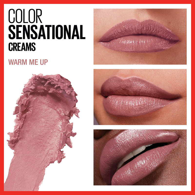 Maybelline Color Sensational Lipstick, Lip Makeup, Cream Finish, Hydrating Lipstick, Nude, Pink, Red, Plum Lip Color, Warm Me Up, 0.15 oz; (Packaging May Vary) Maybelline New York