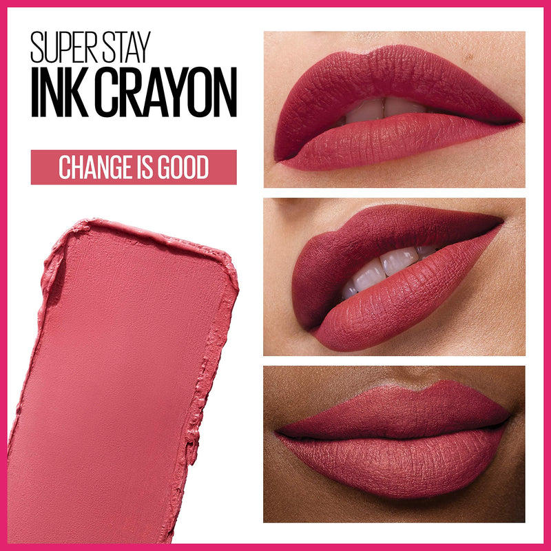 Maybelline Superstay ink crayon Matte longwear lipstick Makeup, Long Lasting Matte Lipstick with Built-In Sharpener, Change Is Good, 0.04 Oz Maybelline New York