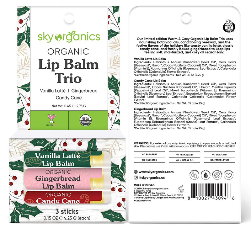 USDA Organic Lip Balm Trio by Sky Organics (3 Sticks) Winter Flavors Gift Pack Cruelty-Free Candy Cane, Gingerbread, Vanilla Latté Lip Balm Gift Set for Dry Lips Limited Edition Made In USA Sky Organics