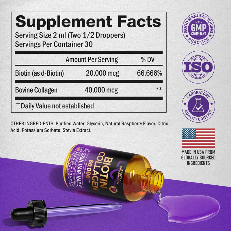Liquid Biotin & Collagen - Vitamins for Hair Growth Support for Women & Men - Extra Strength 60000 mcg Drops - B7 Supplement - Strong Nails & Healthy Skin - 98% Faster Absorption Than Pills Infinity Warehouse