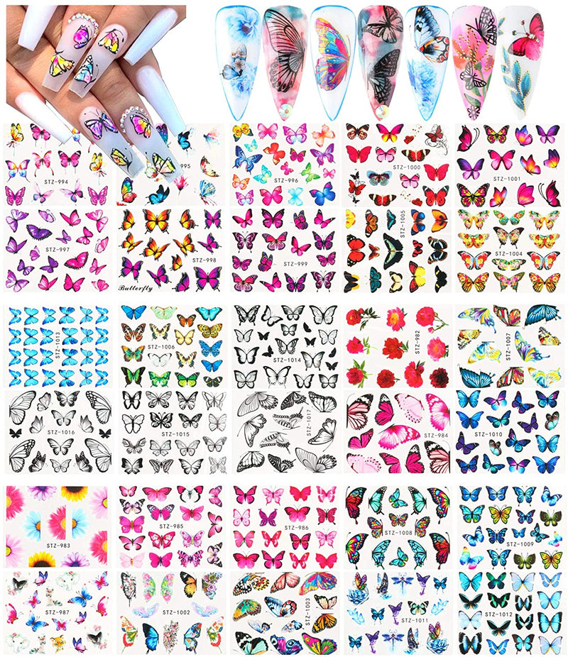 Le Fu Li 30 Sheets Butterfly Nail Art Stickers Nail Art Water Transfer Sticker with Butterfly Flower Patterns Manicure Tips，Nail Tips DIY Toenails Nail Art Decorations Accessories Decals Le Fu Li