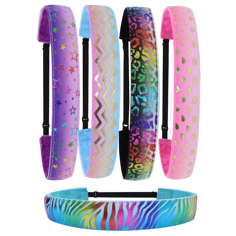 FROG SAC 5 Metallic Non Slip Headbands for Girls, Cute Adjustable Headband for Kids, No Slip Little Girl Hair Accessories, Stars Zebra Cheetah Hearts Waves Hairbands, Fashion Head Bands Party Favors FROG SAC