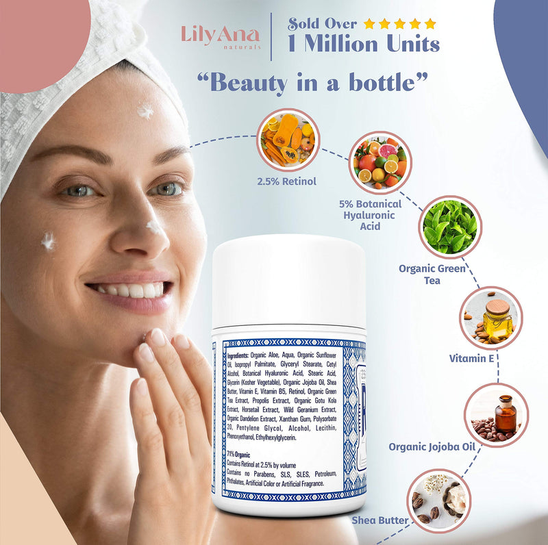 LilyAna Naturals Retinol Cream Moisturizer 1.7 Oz and Vitamin C Serum 1 Oz Bundle - For Face and Eyes, Men and Women - Daily use for Acne, Anti Wrinkle, Anti Aging, Fades Age Spots and Sun Damage LilyAna Naturals