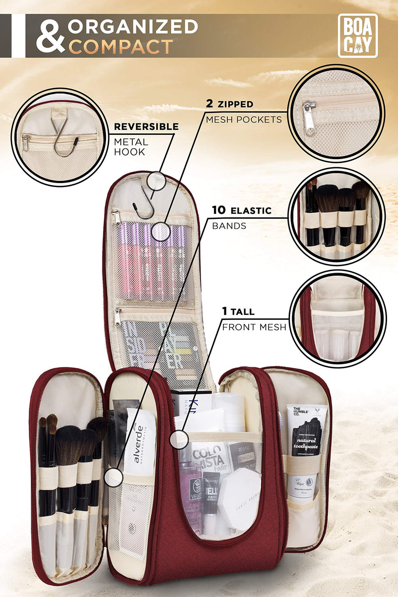 Premium Hanging Travel Toiletry Bag for Women and Men, Hygiene Bag, Bathroom and Shower Organizer Kit with Elastic Band Holders for Toiletries, Cosmetics, Makeup, Brushes BOACAY