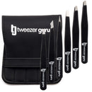 Tweezers Set 6-Piece - Tweezer Guru Stainless Steel Slant Tip and Pointed Eyebrow Tweezer Set - Great Precision for Facial Hair, Ingrown Hair, Splinter and Blackhead Remover (Black) (6-Pack) TWEEZER GURU