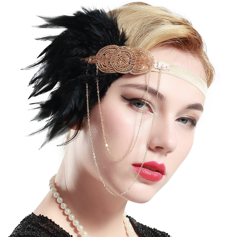 BABEYOND 1920s Flapper Headband Roaring 20s Great Gatsby Headpiece Beaded Black Feather Headband 1920s Flapper Gatsby Hair Accessories (Champagne) BABEYOND