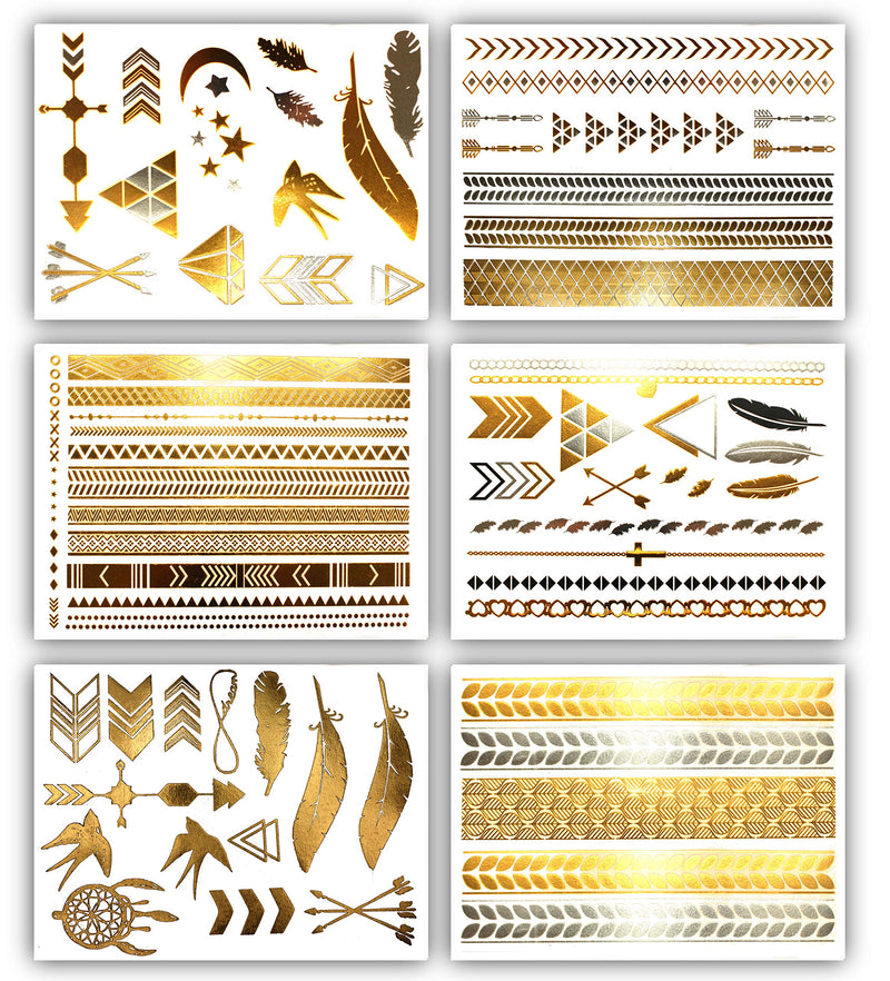 Terra Tattoos Gold Metallic Temporary Tats 75+ Geometric Henna Designs Moon, Stars, Arrows, Feathers Waterproof Nontoxic Long Lasting Perfect for Beach, Festivals, & more! Terra Tattoos