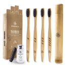 Greenzla Bamboo Toothbrush (4 Pack) with Travel Toothbrush Case & Charcoal Dental Floss | Natural Eco Friendly Toothbrushes for Adults | BPA Free , Soft Bristles & Biodegradable Wooden Toothbrush GREENZLA