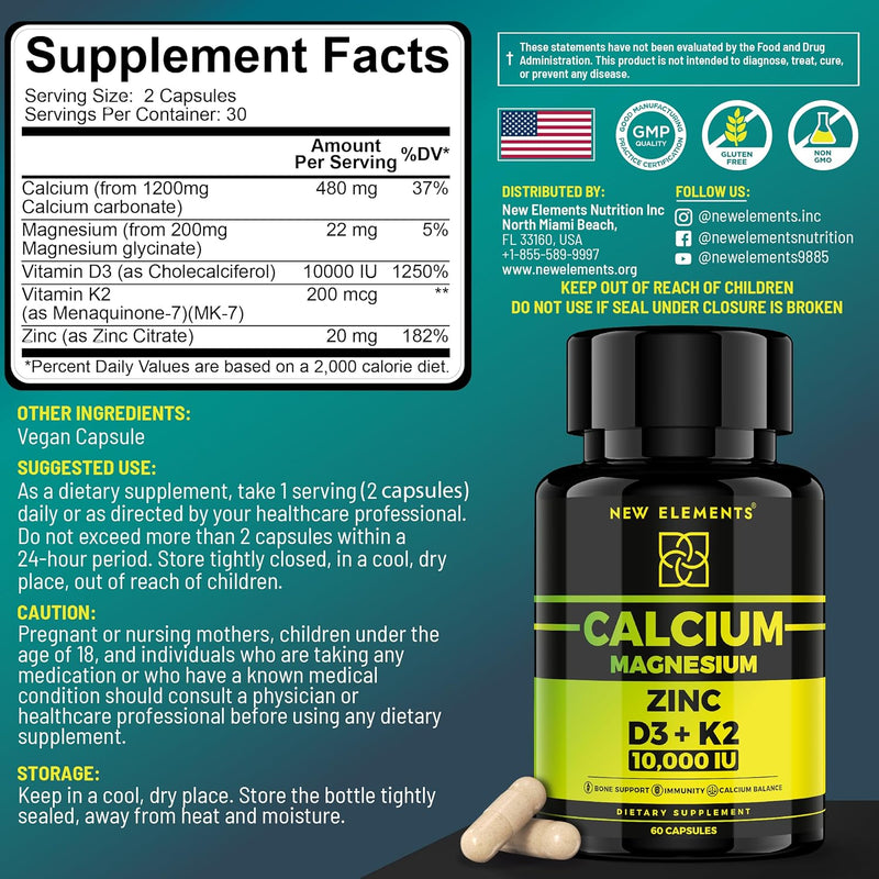 Calcium Supplements 1200mg for Women & Men with Vitamin D3 K2 + Magnesium Glycinate & Zinc | D3 10,000 IU | K2 200mcg | Magnesium 200mg | Zinc 20mg | Bone, Muscle & Immune Support - Vegan - Non-GMO Infinity Warehouse