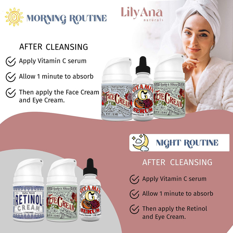 LilyAna Naturals Retinol Cream Moisturizer 1.7 Oz and Vitamin C Serum 1 Oz Bundle - For Face and Eyes, Men and Women - Daily use for Acne, Anti Wrinkle, Anti Aging, Fades Age Spots and Sun Damage LilyAna Naturals