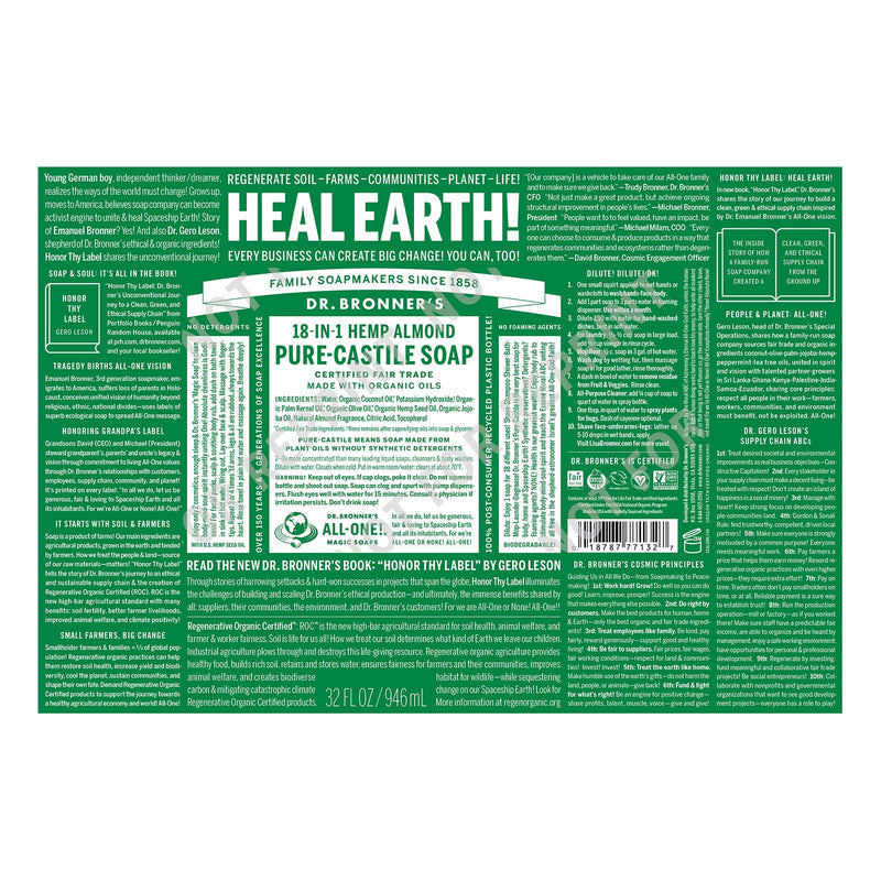 Dr. Bronner’s - Pure-Castile Liquid Soap (Almond, 32 ounce) - Made with Organic Oils, 18-in-1 Uses: Face, Body, Hair, Laundry, Pets and Dishes, Concentrated, Vegan, Non-GMO Dr. Bronner's