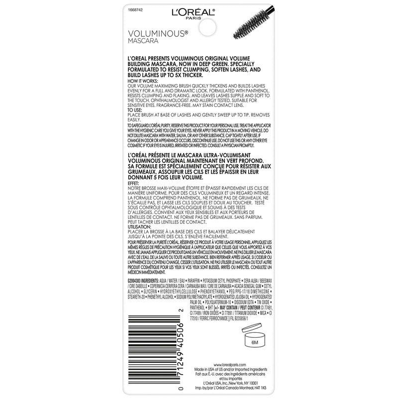 L'Oreal Paris Makeup Voluminous Original Washable Bold Eye Mascara, Deep Green, 0.27 Fl Oz L'Oreal Paris