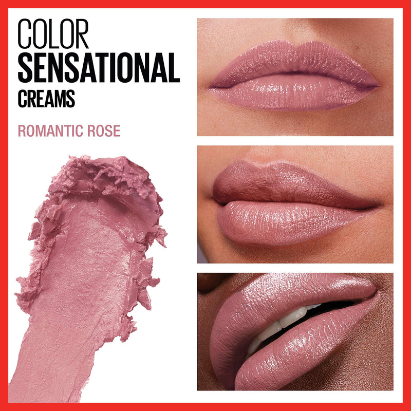 Maybelline Color Sensational Lipstick, Lip Makeup, Cream Finish, Hydrating Lipstick, Nude, Pink, Red, Plum Lip Color, Romantic Rose, 0.15 oz; (Packaging May Vary) Maybelline New York