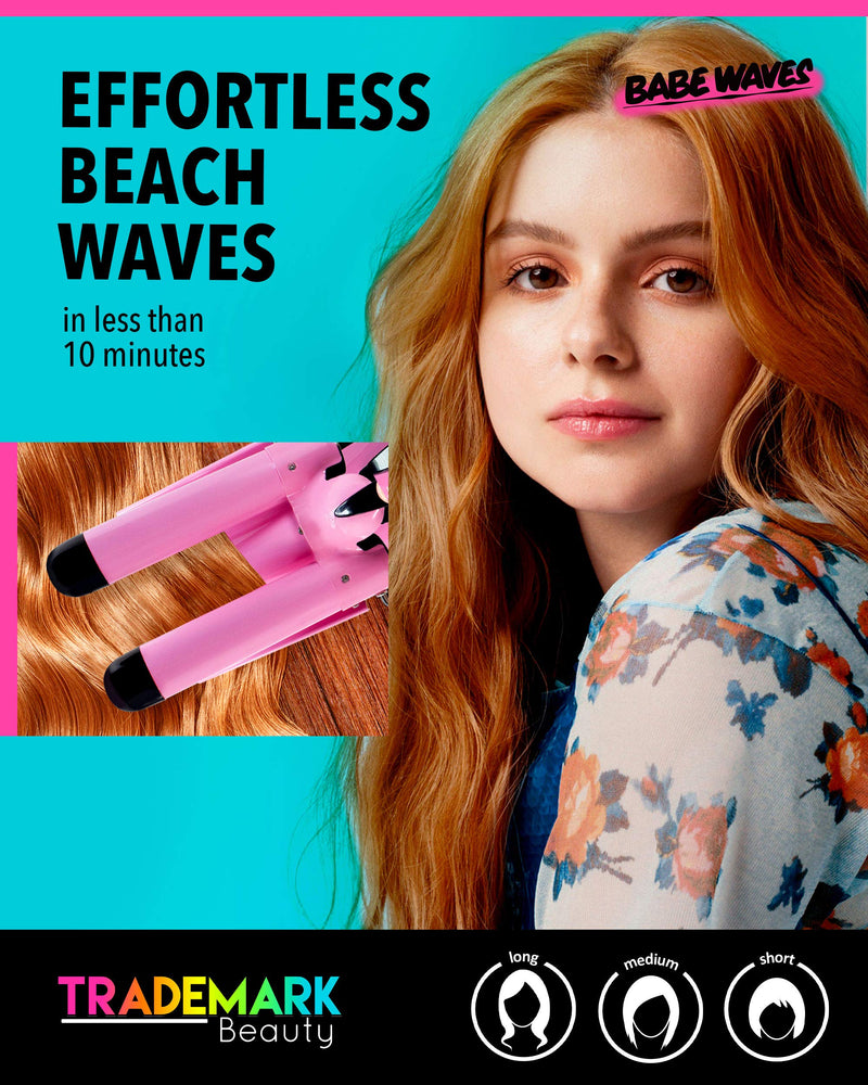 Trademark Beauty Babe Waves 3 Barrel Curling Iron Hair Waver, 1.25 Inch Quick Heat, Adjustable Temperature Hair Curler, Perfect Beach Waver, Hair Styling Tools, 32mm Jumbo Ceramic Wand, Pink Babe Waves