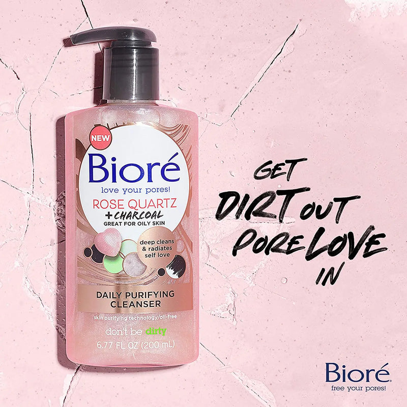 Bioré Rose Quartz + Charcoal Daily Face Wash, Oil Free Facial Cleanser Energizes Skin, Dermatologist Tested and Cruelty Free, 6.77 Ounces Bioré Store