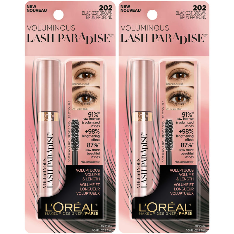L'Oreal Paris Voluminous Makeup Lash Paradise Mascara, Voluptuous Volume, Intense Length, Feathery Soft Full Lashes, No Flaking, No Smudging, No Clumping, Black Brown, 2 Count L'Oreal Paris