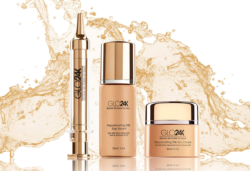 GLO24K Complete Eye Care Set with our 24k Instant Facelift Cream, Eye Cream, and Eye Serum. Formulated to Treat the Delicate Skin around the Eyes. GLO24K UNLEASH THE POWER OF GOLD