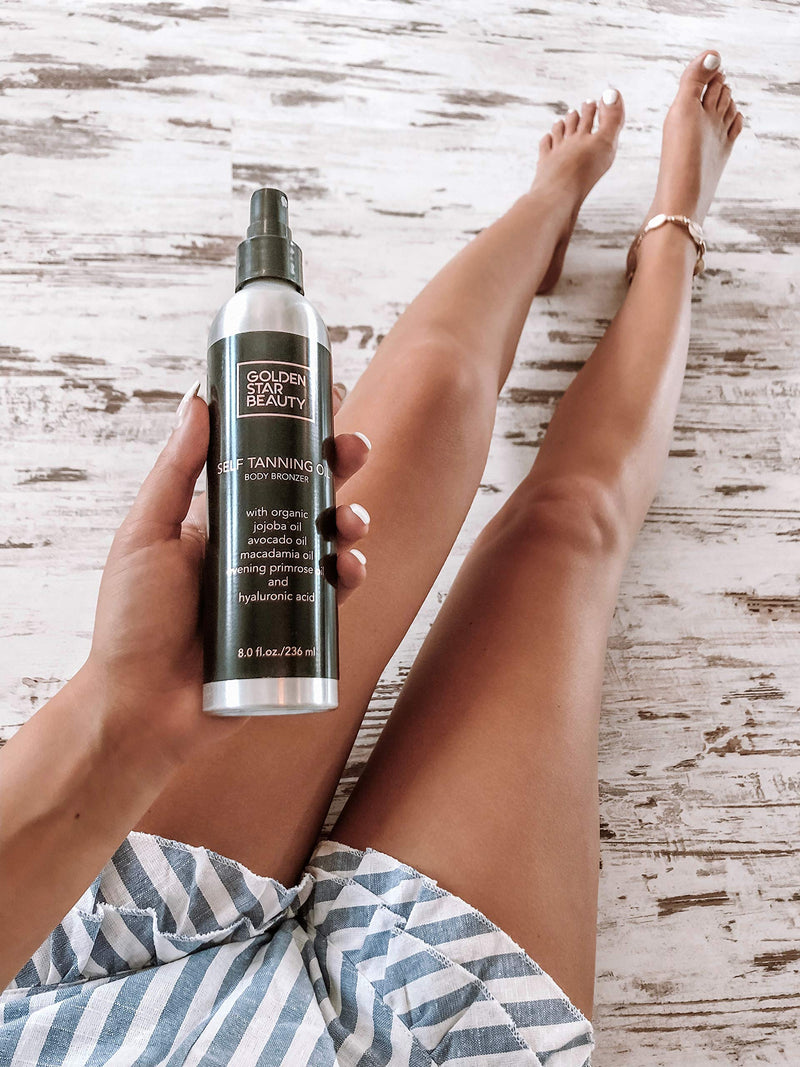 Self Tanner Oil - Natural Sunless Tanning Spray w/ Hyaluronic Acid and Organic Oils, Clear Gradual Fake Tan Sprayer for Perfect Golden Glow 8.0 fl.oz GOLDEN STAR BEAUTY