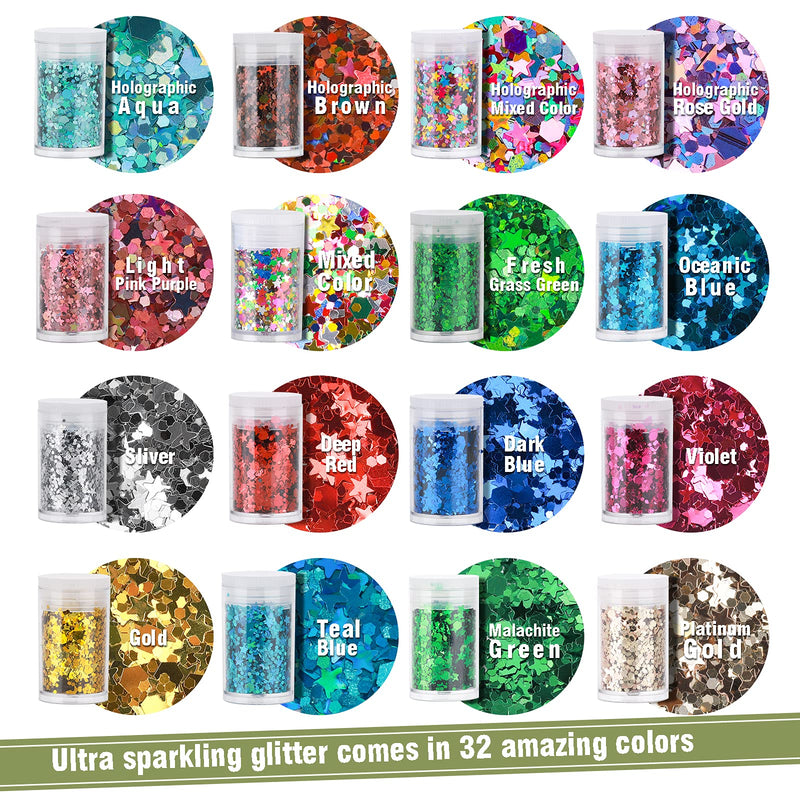 Teenitor Glitter, Chunky Glitter Mixed, Nail Glitter with Stars, Cosmetic Face Body Eye Hair Glitter, 32pcs Teenitor