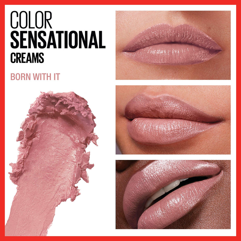 Maybelline Color Sensational Lipstick, Lip Makeup, Cream Finish, Hydrating Lipstick, Nude, Pink, Red, Plum Lip Color, Born With It, 0.15 oz; (Packaging May Vary) Maybelline New York