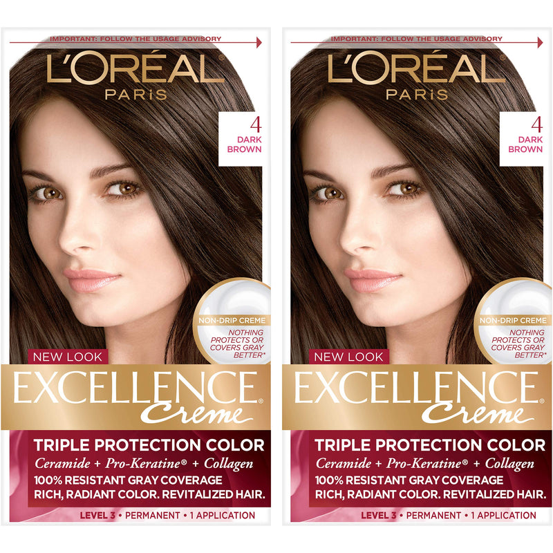 L'Oreal Paris Excellence Creme Permanent Hair Color, 4 Dark Brown, 100 percent Gray Coverage Hair Dye, Pack of 2 L'Oreal Paris