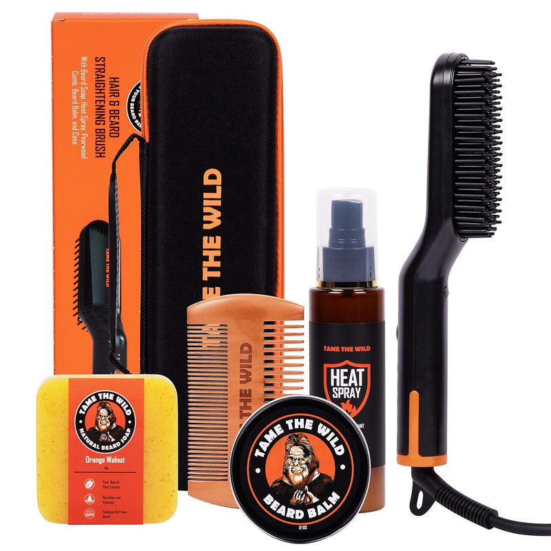 Tame the Wild Premium Beard Grooming Kit - Heated Beard Brush, Straightener Comb, Heat Protectant Spray, Beard Soap, Balm, Wooden Comb, and Storage Case Infinity Warehouse