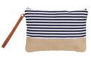 Cotton Canvas Two-Tone Cosmetic Bag Make Up Clutch Bag (10.5"W x 7.5"H, Navy Stripe (Jute Bottom)) Leisureland