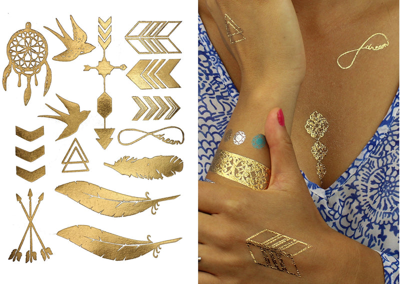 Terra Tattoos Gold Metallic Temporary Tats 75+ Geometric Henna Designs Moon, Stars, Arrows, Feathers Waterproof Nontoxic Long Lasting Perfect for Beach, Festivals, & more! Terra Tattoos