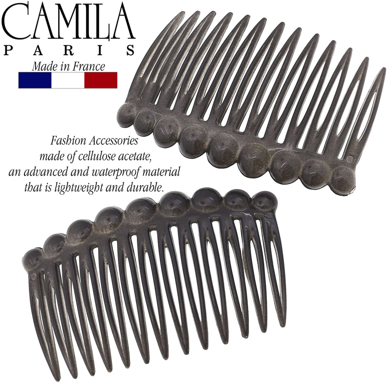 Camila Paris CP3034 French Hair Side Comb, 2 Pack Small Rounded, Gray Flexible Durable Cellulose Hair Combs, Strong Hold Hair Clips for Women, No Slip Styling Girls Hair Accessories Made in France Camila