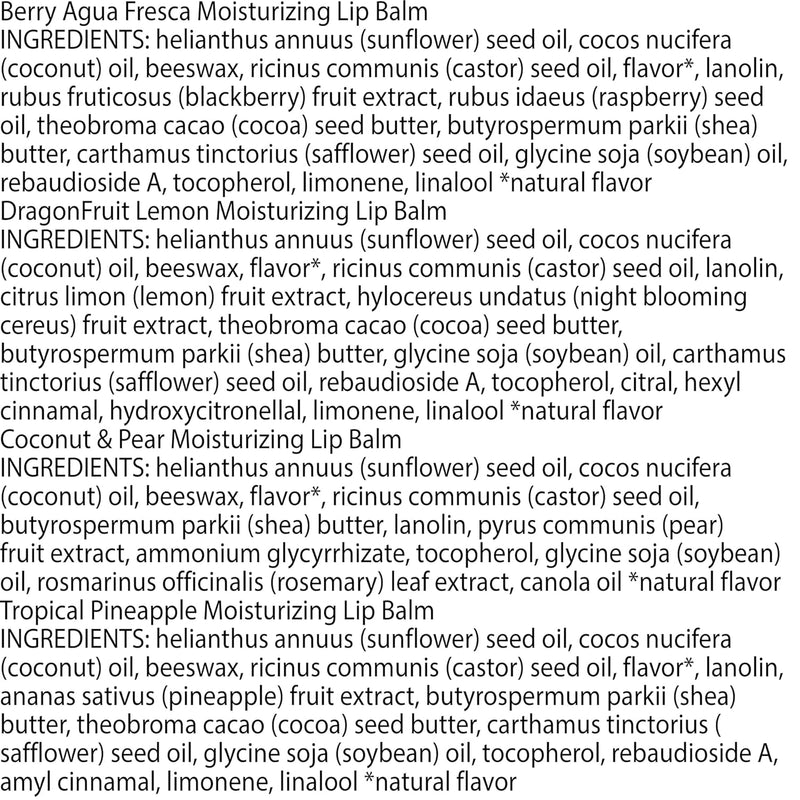 Burt's Bees Lip Balm - Berry Agua Fresca, Dragonfruit Lemon, Coconut & Pear, Tropical Pineapple Pack, With Beeswax, Tint-Free, Natural Origin Lip Treatment, 4 Tubes, 0.15 oz. Infinity Warehouse