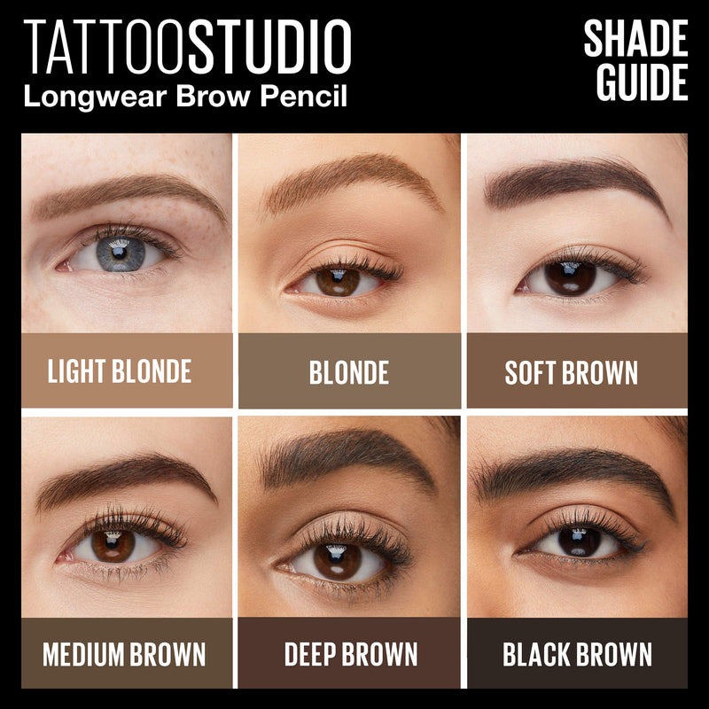 Maybelline TattooStudio Waterproof Eyebrow Pencil, Sharpenable, Longwear, Long Lasting Eyebrow Pencil, Defined Brows, Pigment Brow Pencil, Medium Brown, 1 Count Maybelline New York